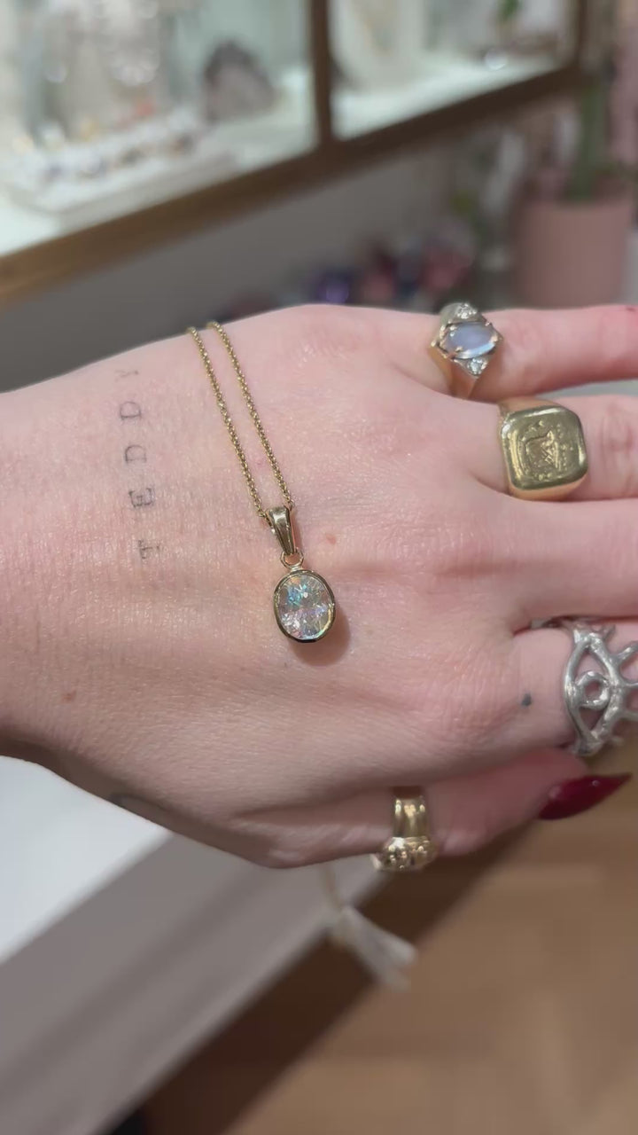 14K Yellow Gold Oval Rainbow Moonstone Pendant