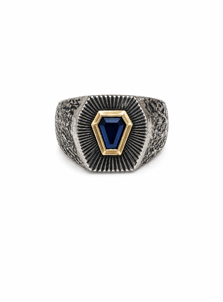 Silver & 14k Gold Bezel x Brutalist Nigerian Sapphire Shield Signet - Kingdom Jewelry