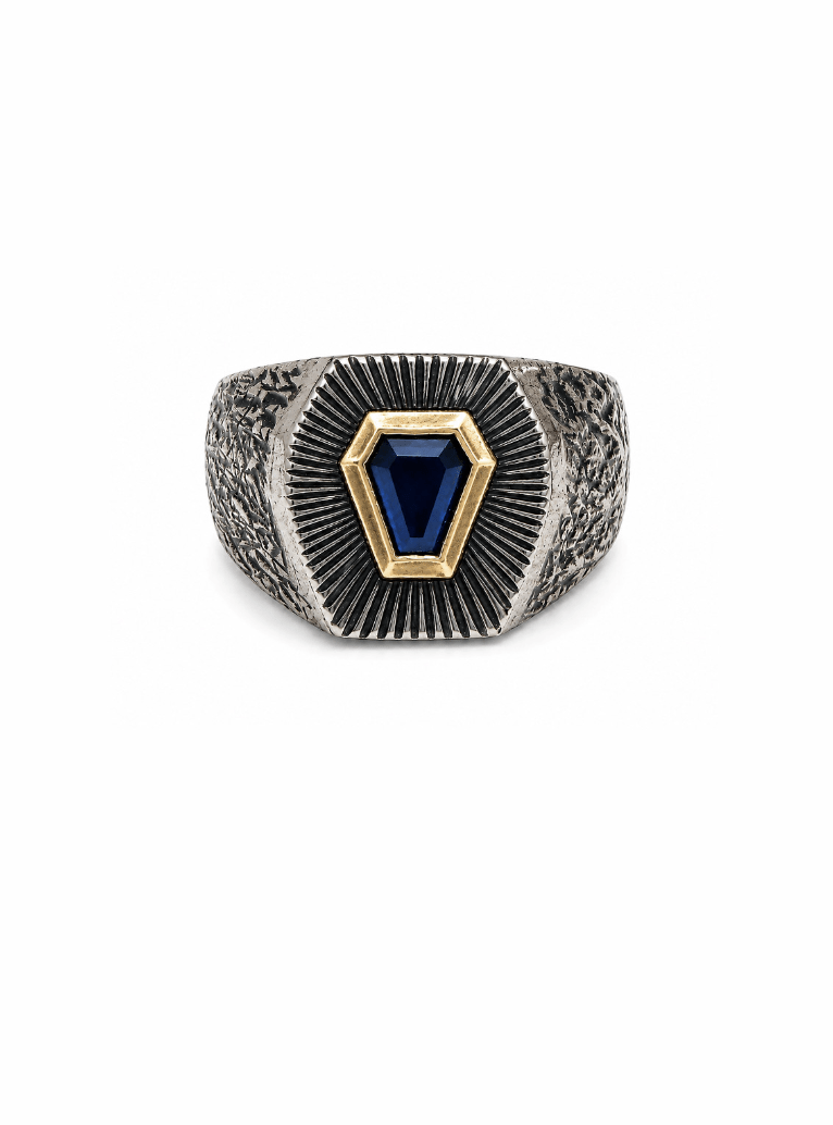 Silver & 14k Gold Bezel x Brutalist Nigerian Sapphire Shield Signet - Kingdom Jewelry