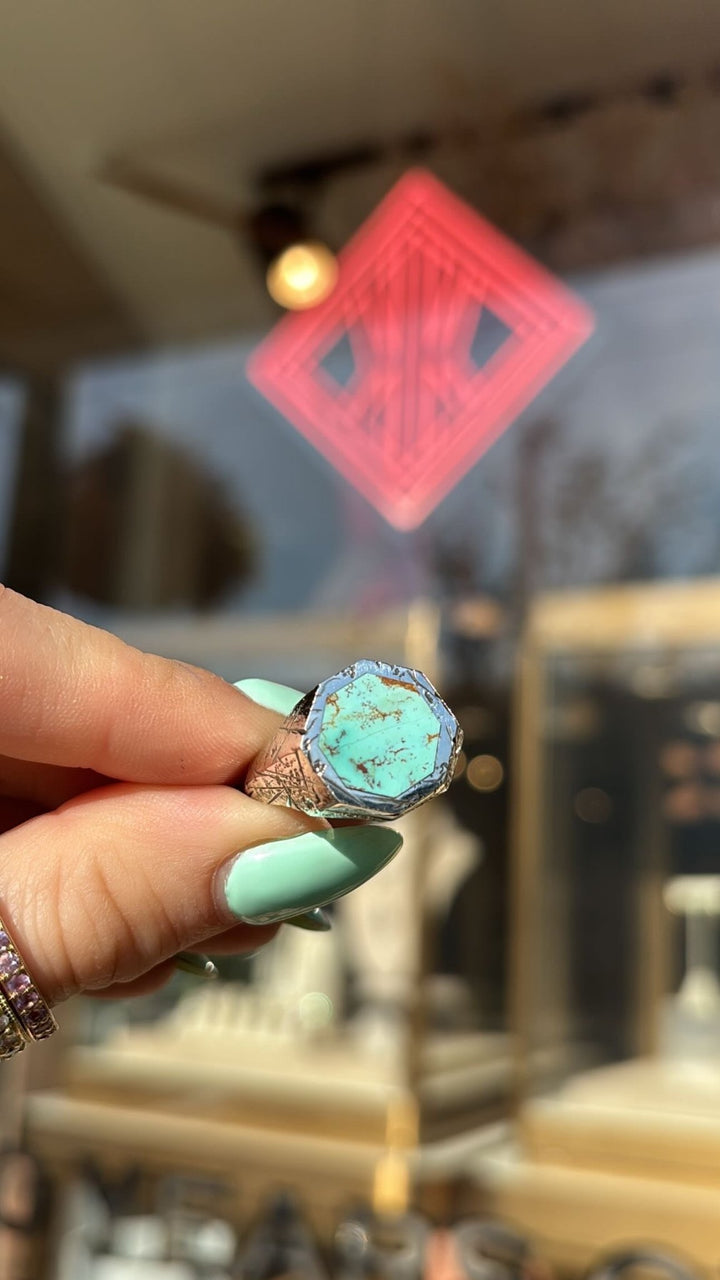 Silver Distressed Hex Royston Inlay Ring - Kingdom Jewelry