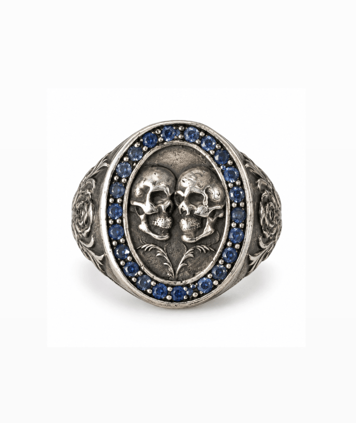 silver skull ring with sapphire - Kingdom Jewelry