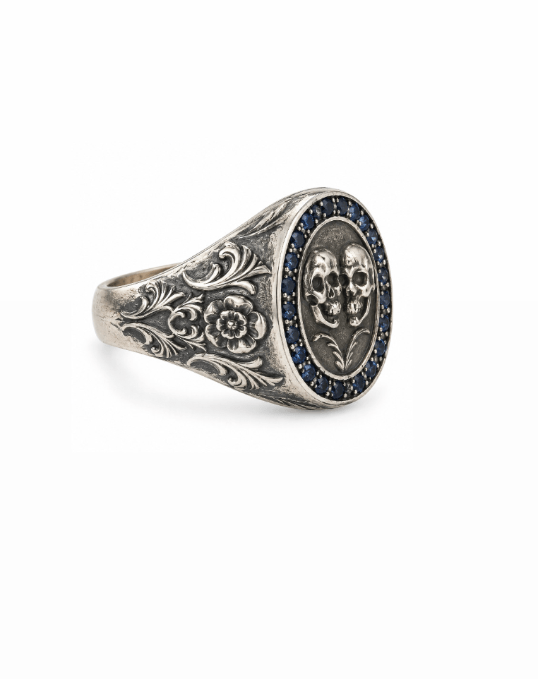 silver skull ring with sapphire - Kingdom Jewelry