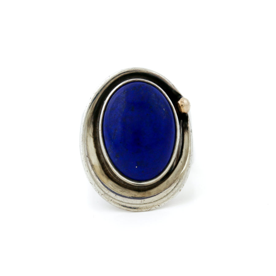 Silver Two - Toned x Vintage Bezel - Set Oval Lapis Ring - Kingdom Jewelry