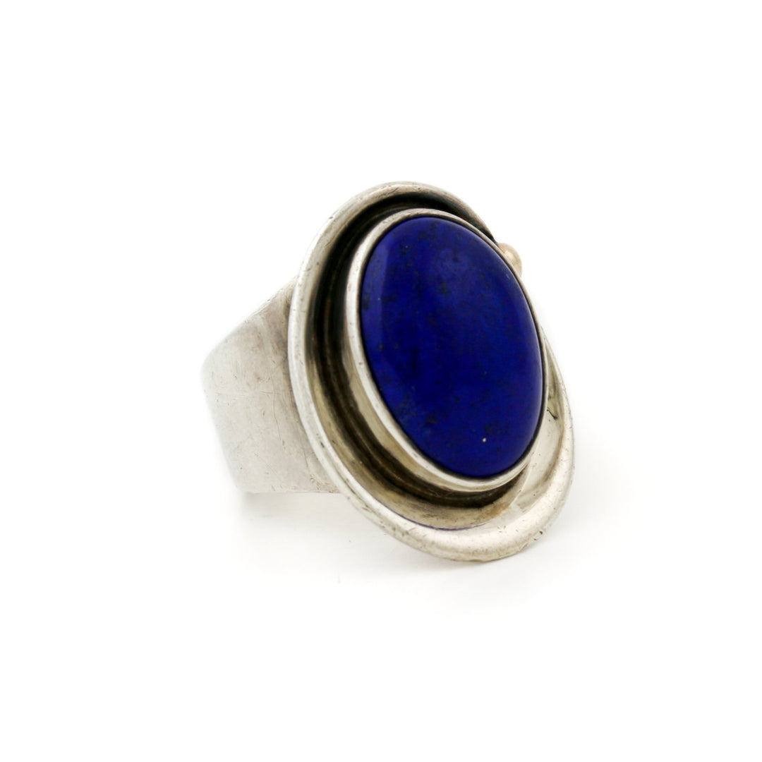 Silver Two - Toned x Vintage Bezel - Set Oval Lapis Ring - Kingdom Jewelry