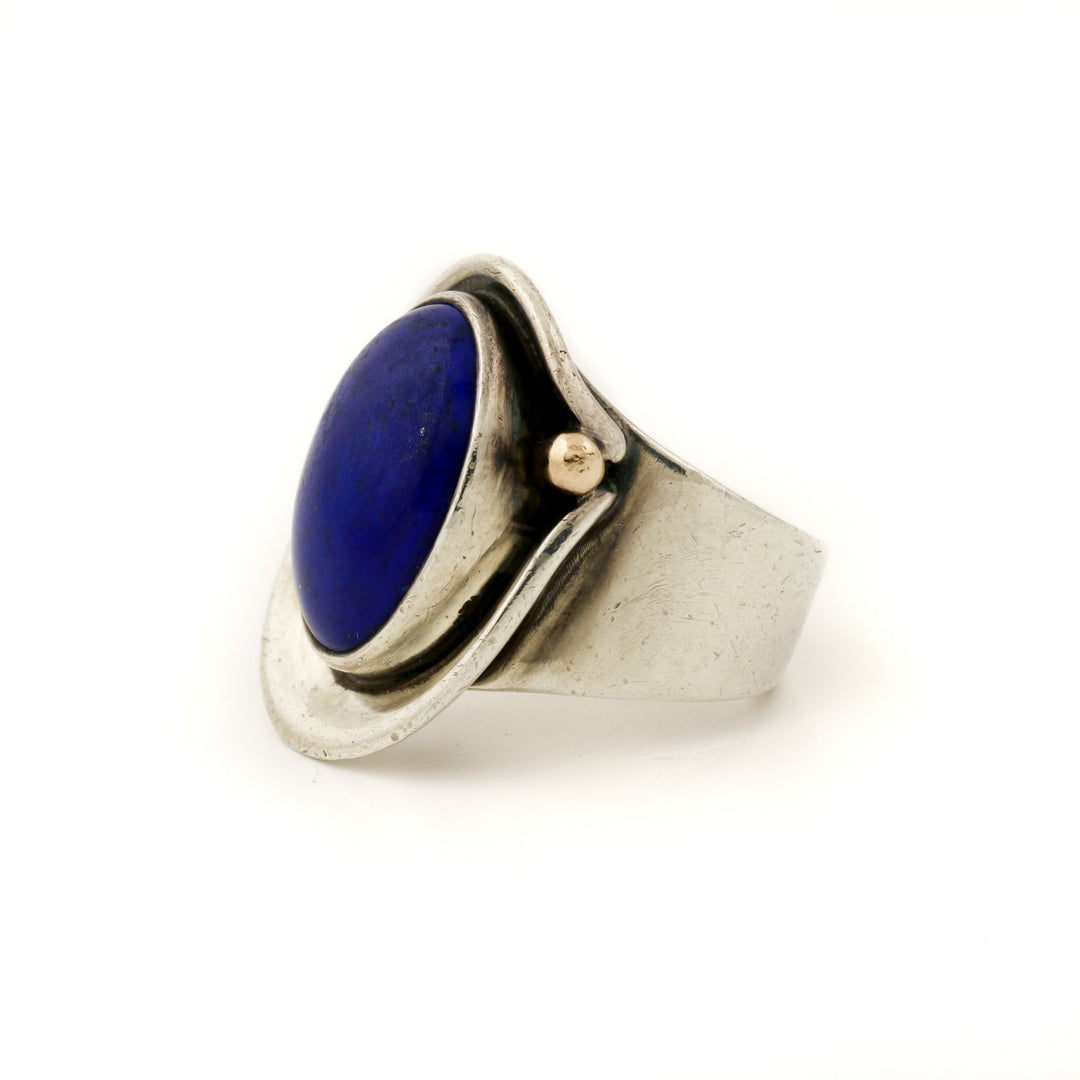 Silver Two - Toned x Vintage Bezel - Set Oval Lapis Ring - Kingdom Jewelry