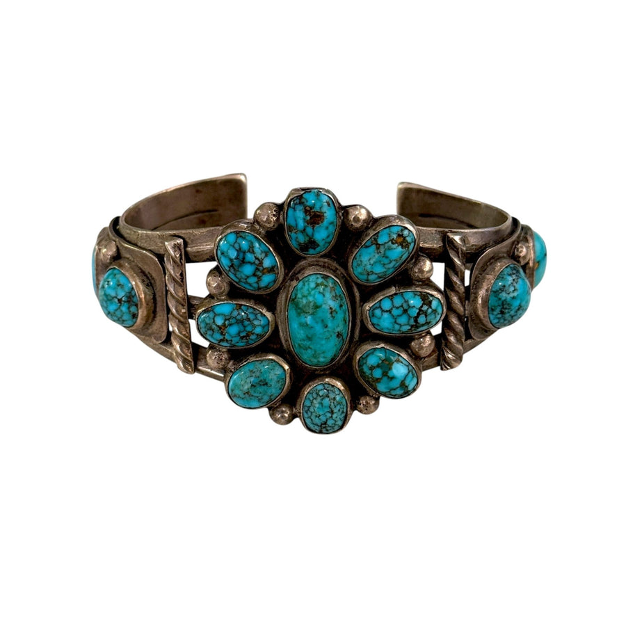 Silver x 1950's Lone Mountain Turquoise Navajo Cluster Cuff - Kingdom Jewelry