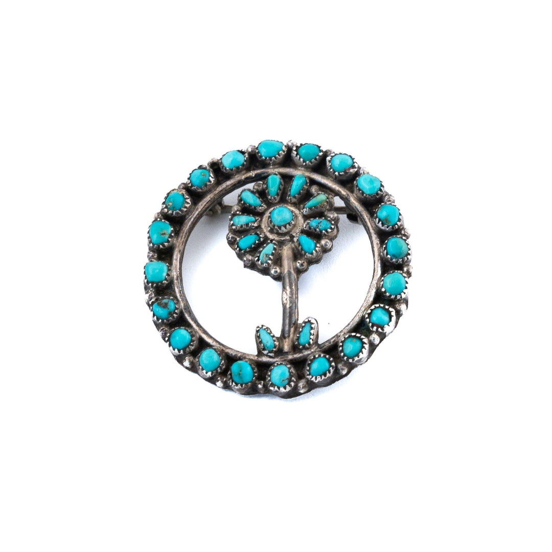 Silver x 1950's Turquoise Cluster Inlay Zuni Flower Brooch Pin - Kingdom Jewelry