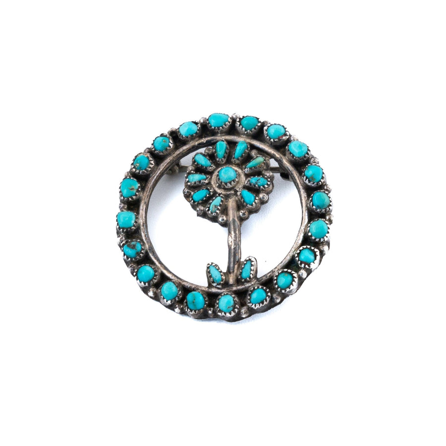 Silver x 1950's Turquoise Cluster Inlay Zuni Flower Brooch Pin - Kingdom Jewelry