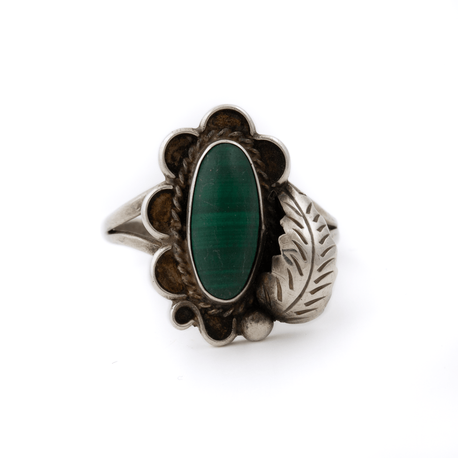 Silver x 1970 's Malachite Scalloped Leaf - Bezel Navajo Ring - Kingdom Jewelry