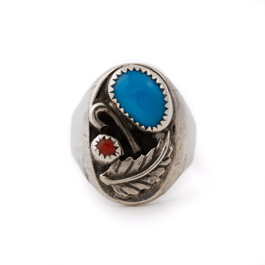 Silver x 1970's Blue Turquoise & Red Coral Leaf Navajo Ring - Kingdom Jewelry
