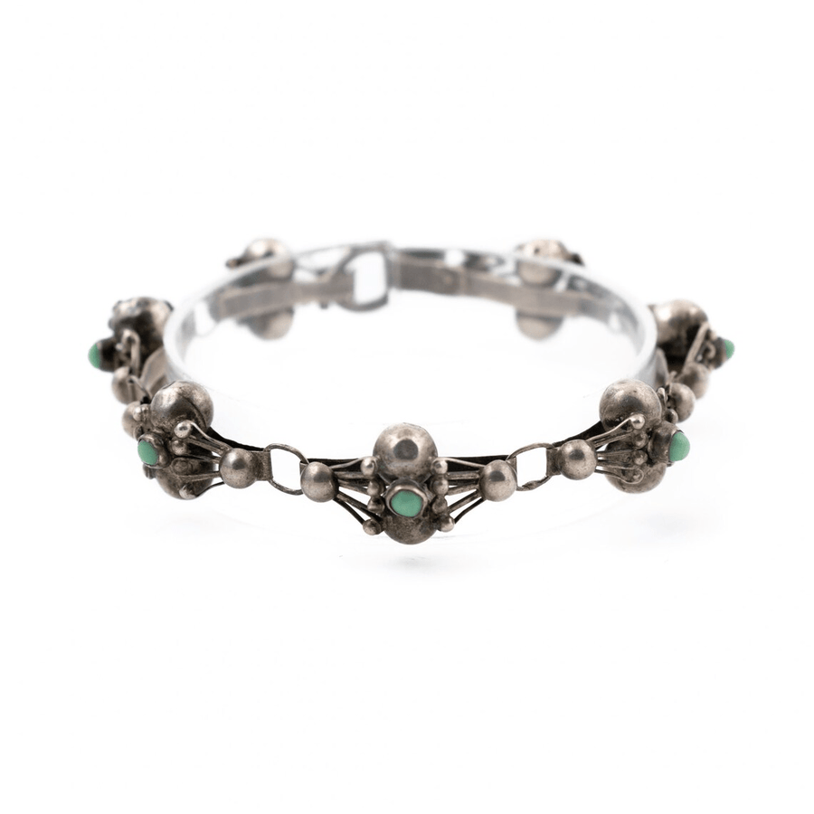 Silver x 1970's "Snake Eye" Green Turquoise Taxco Bracelet - Kingdom Jewelry