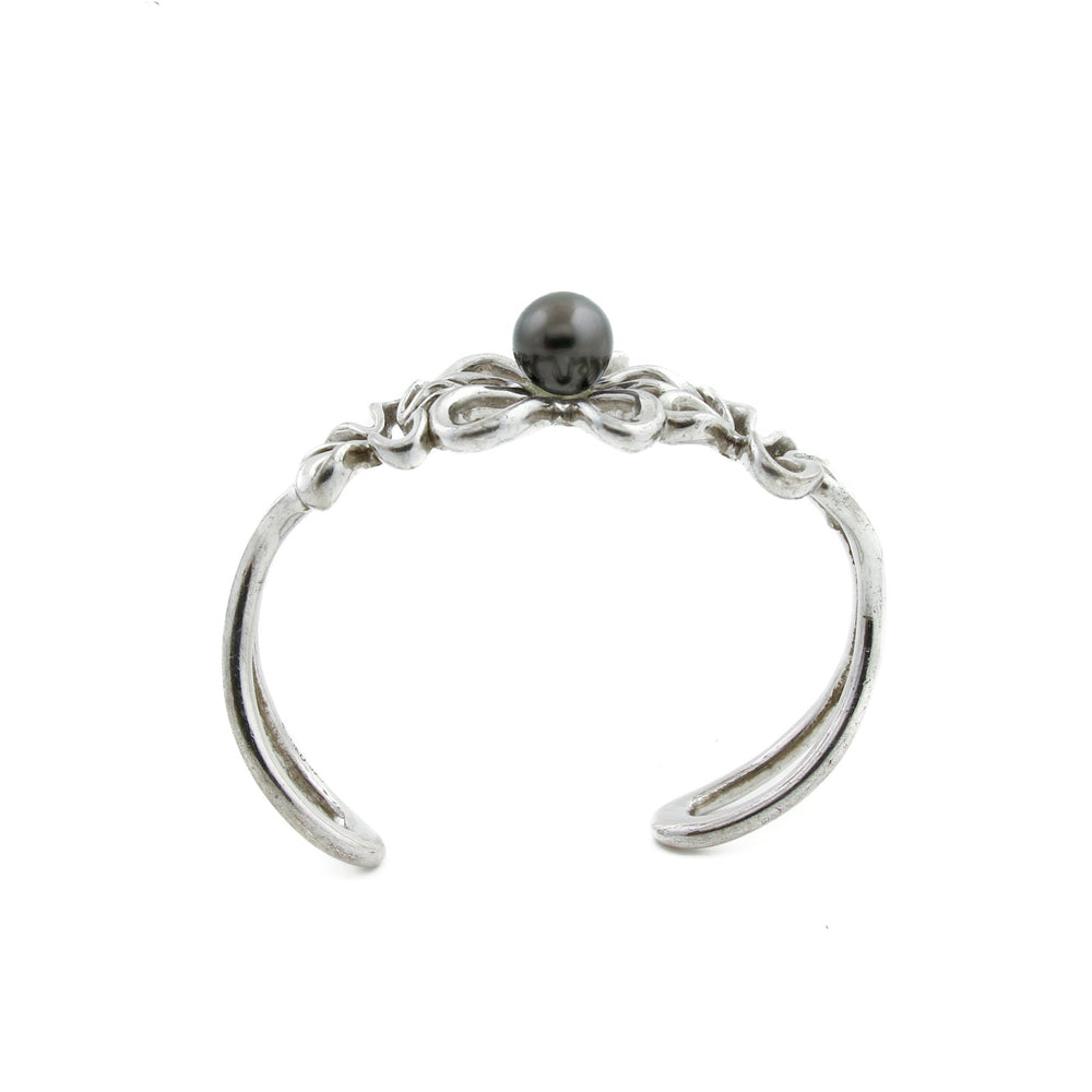 
                      
                        Silver x 8mm Tahitian Black Pearl Floating Plumeria Cuff - Kingdom Jewelry
                      
                    