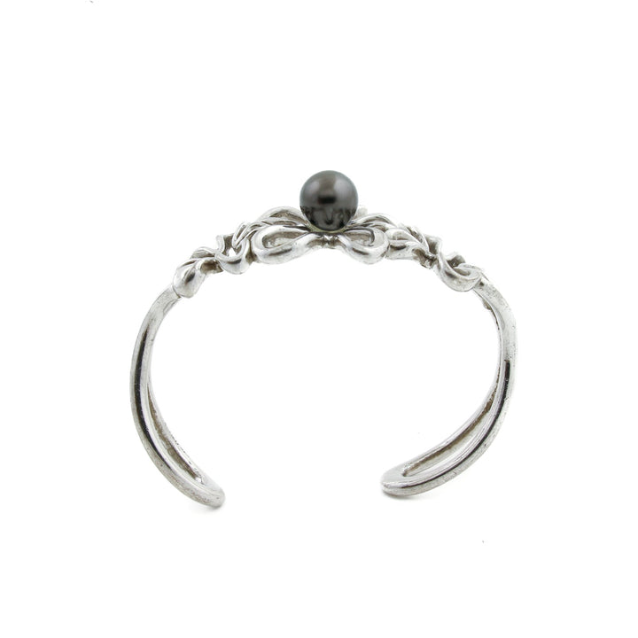 Silver x 8mm Tahitian Black Pearl Floating Plumeria Cuff - Kingdom Jewelry