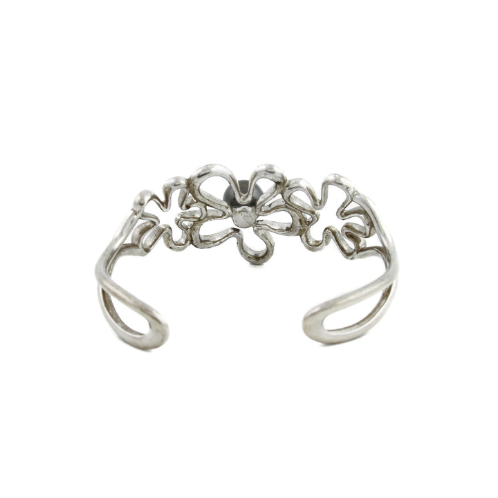 Silver x 8mm Tahitian Black Pearl Floating Plumeria Cuff - Kingdom Jewelry