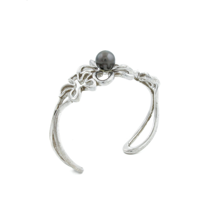 Silver x 8mm Tahitian Black Pearl Floating Plumeria Cuff - Kingdom Jewelry