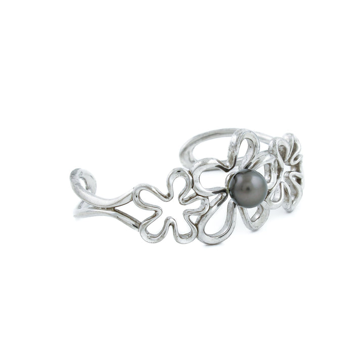 Silver x 8mm Tahitian Black Pearl Floating Plumeria Cuff - Kingdom Jewelry