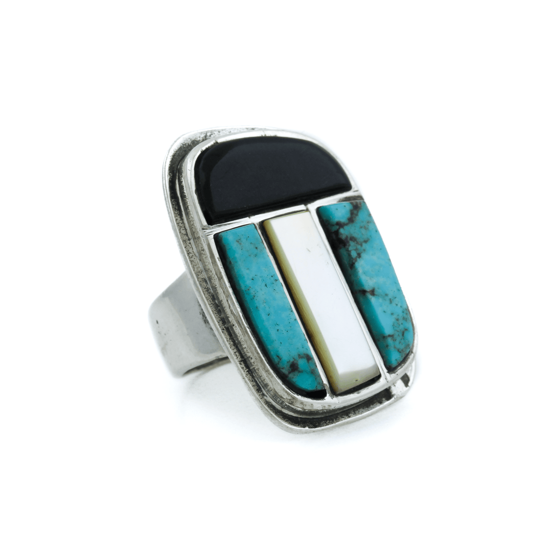 Silver x Abstract 1970's Multi - Stone Cobblestone Navajo Inlay Ring - Kingdom Jewelry