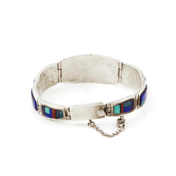 Silver x Classic 1990's "Touch of Santa Fe" Intarsia Navajo Panelled Bracelet - Kingdom Jewelry