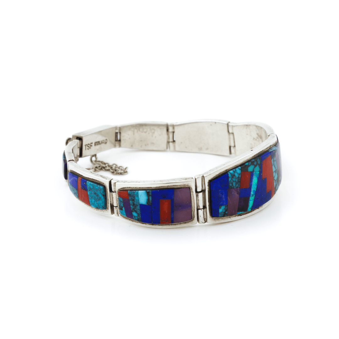 Silver x Classic 1990's "Touch of Santa Fe" Intarsia Navajo Panelled Bracelet - Kingdom Jewelry