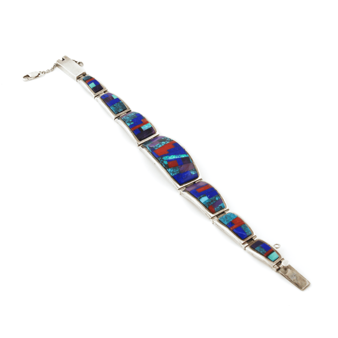 Silver x Classic 1990's "Touch of Santa Fe" Intarsia Navajo Panelled Bracelet - Kingdom Jewelry