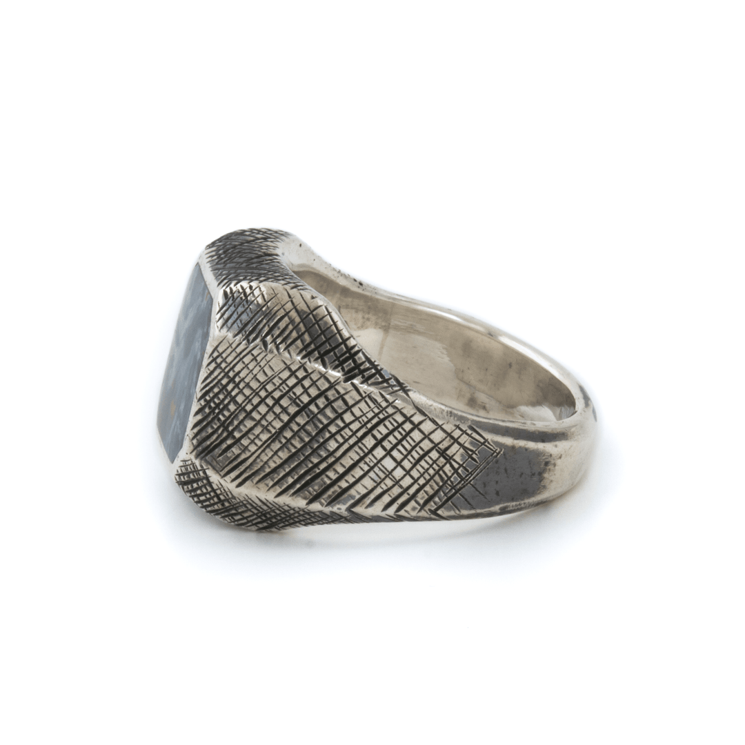 Silver x Cross - Hatched Textured Chamfered Pietersite Inlay Signet - Kingdom Jewelry