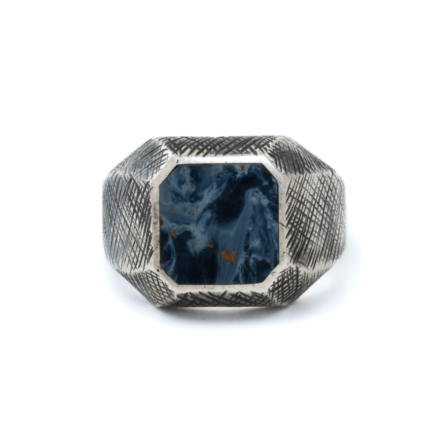 Silver x Cross - Hatched Textured Chamfered Pietersite Inlay Signet - Kingdom Jewelry