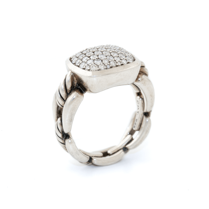 Silver x David Yurman Wellesley Cable Link Chain Pave Diamonds Signet - Kingdom Jewelry