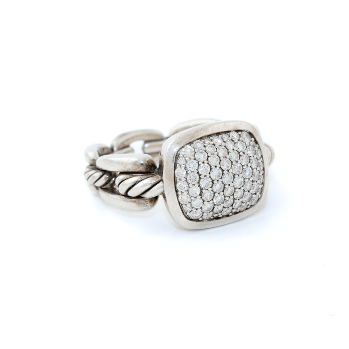 Silver x David Yurman Wellesley Cable Link Chain Pave Diamonds Signet - Kingdom Jewelry