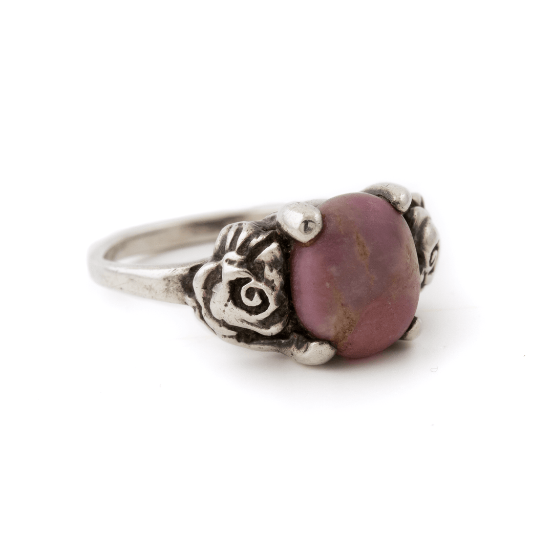 Silver x Detailed 1960's Roses - Motif Rhodochrosite Solitaire - Kingdom Jewelry