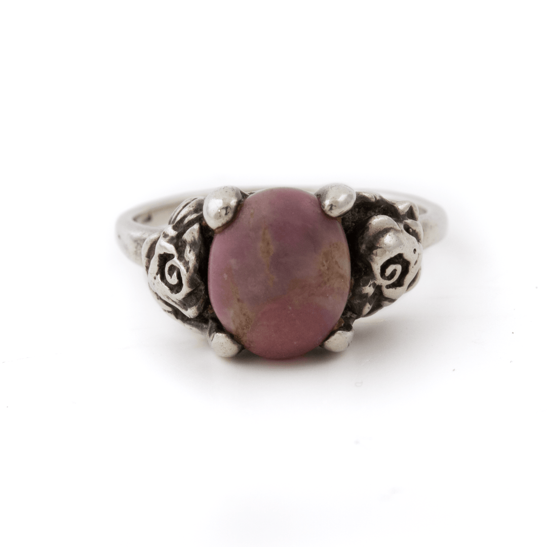 Silver x Detailed 1960's Roses - Motif Rhodochrosite Solitaire - Kingdom Jewelry