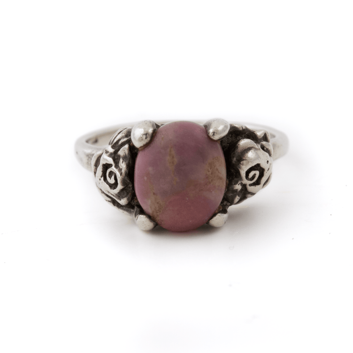 Silver x Detailed 1960's Roses - Motif Rhodochrosite Solitaire - Kingdom Jewelry