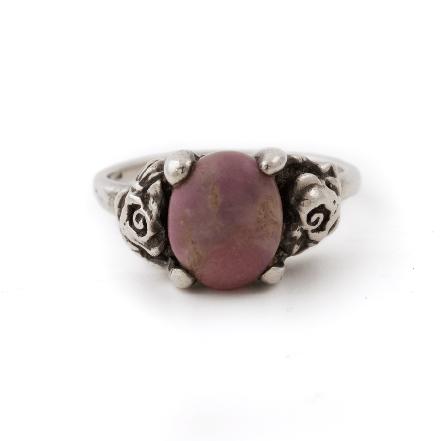 Silver x Detailed 1960's Roses - Motif Rhodochrosite Solitaire - Kingdom Jewelry