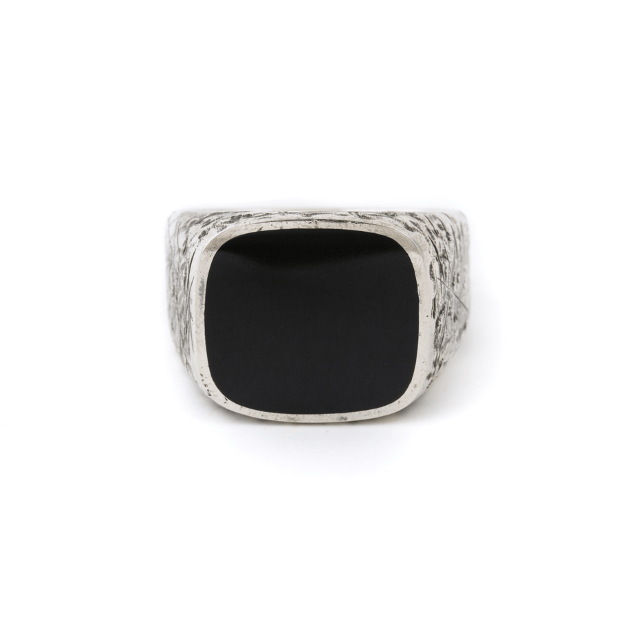 Silver x Distressed Black Jade Cushion Euro Inlay Signet - Kingdom Jewelry