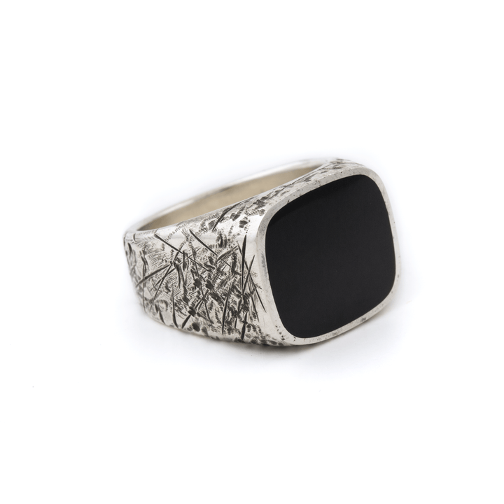 Silver x Distressed Black Jade Cushion Euro Inlay Signet - Kingdom Jewelry