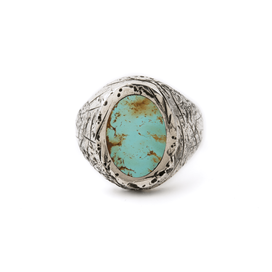 Silver x Distressed Oval Royston Turquoise Inlay Signet - Kingdom Jewelry