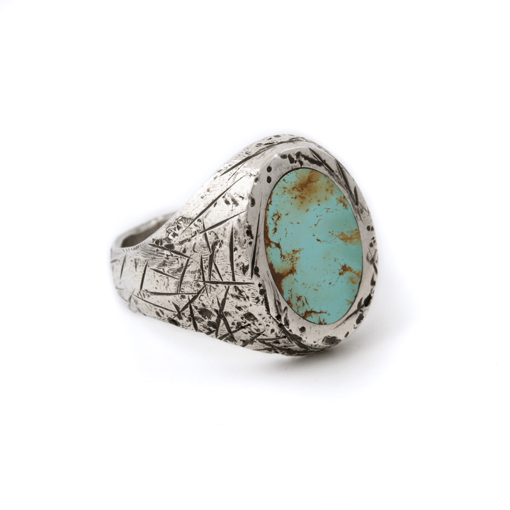 Silver x Distressed Oval Royston Turquoise Inlay Signet - Kingdom Jewelry