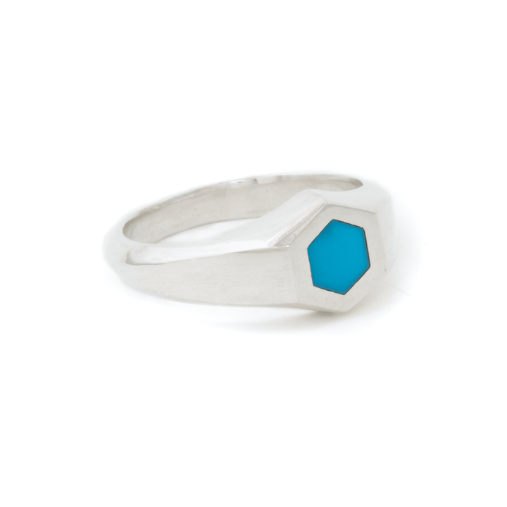 Silver x Egyptian Turquoise Hexagon Inlay Signet - Kingdom Jewelry