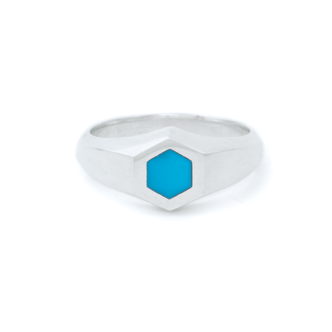 Silver x Egyptian Turquoise Hexagon Inlay Signet - Kingdom Jewelry