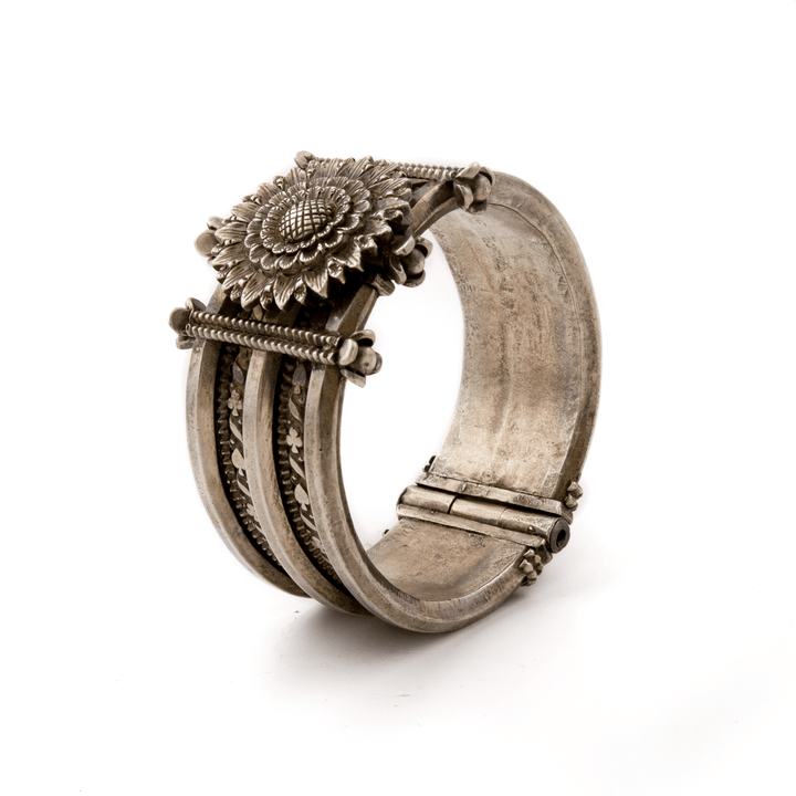 Silver x Heavy Tribal Sunflower Bangle Bracelet - Kingdom Jewelry
