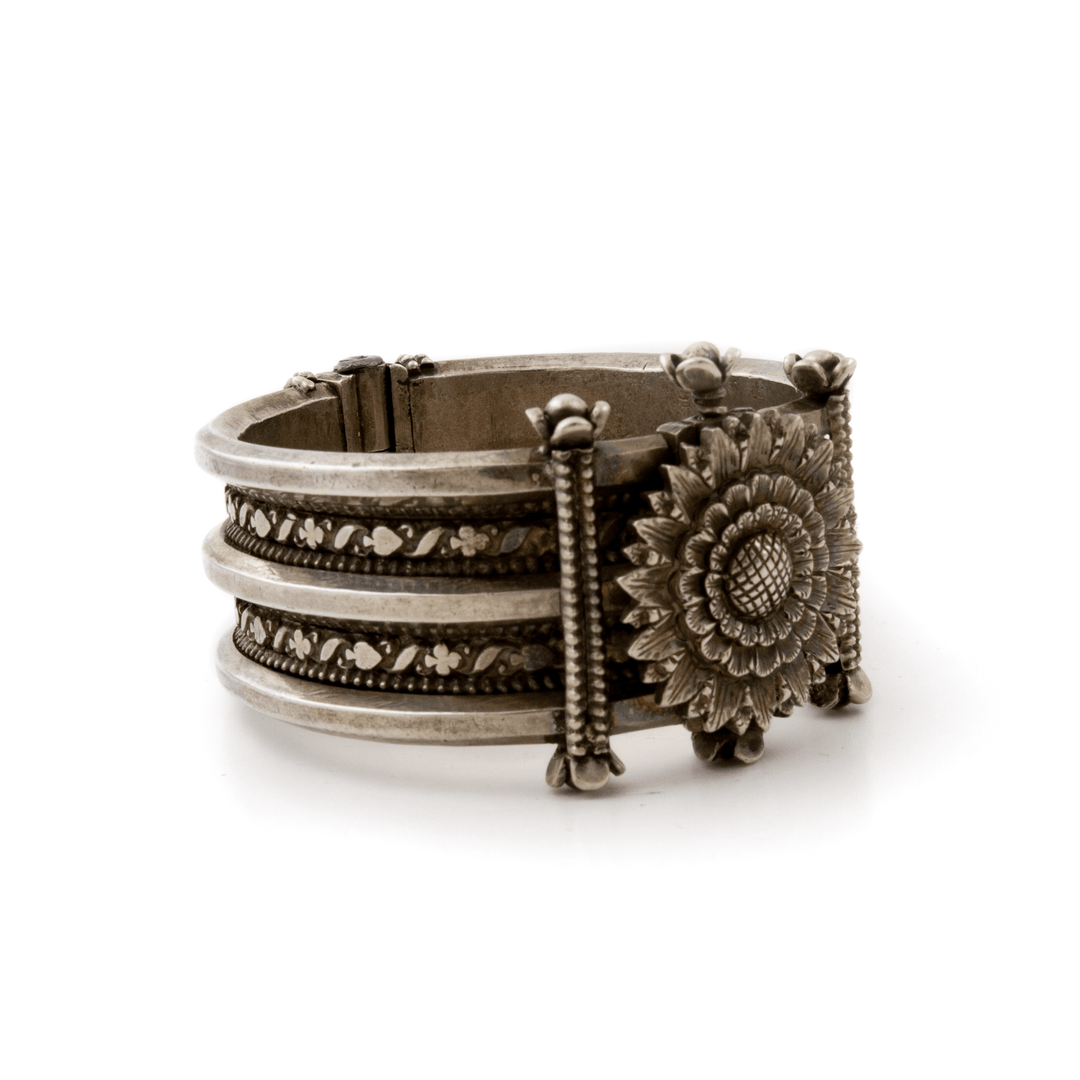 Silver x Heavy Tribal Sunflower Bangle Bracelet - Kingdom Jewelry