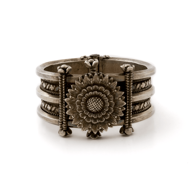 Silver x Heavy Tribal Sunflower Bangle Bracelet - Kingdom Jewelry