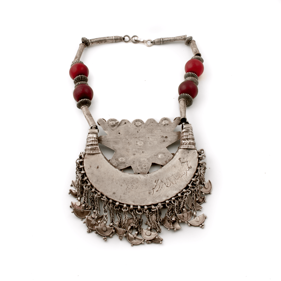 Silver x Large Traditional Antique Red Glass Kuchi Necklace - Kingdom Jewelry
