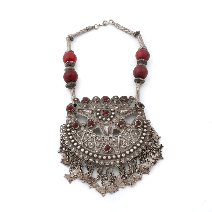 Silver x Large Traditional Antique Red Glass Kuchi Necklace - Kingdom Jewelry