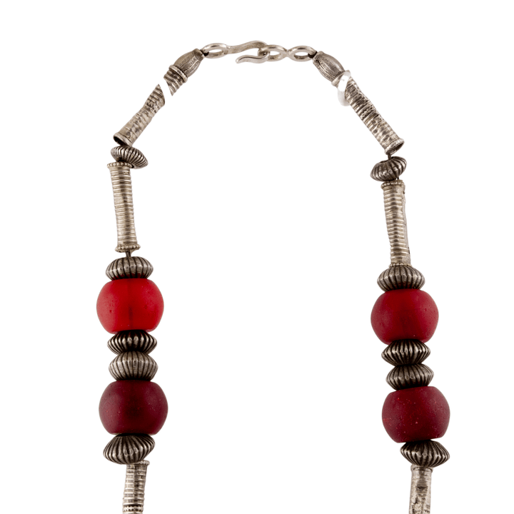 Silver x Large Traditional Antique Red Glass Kuchi Necklace - Kingdom Jewelry