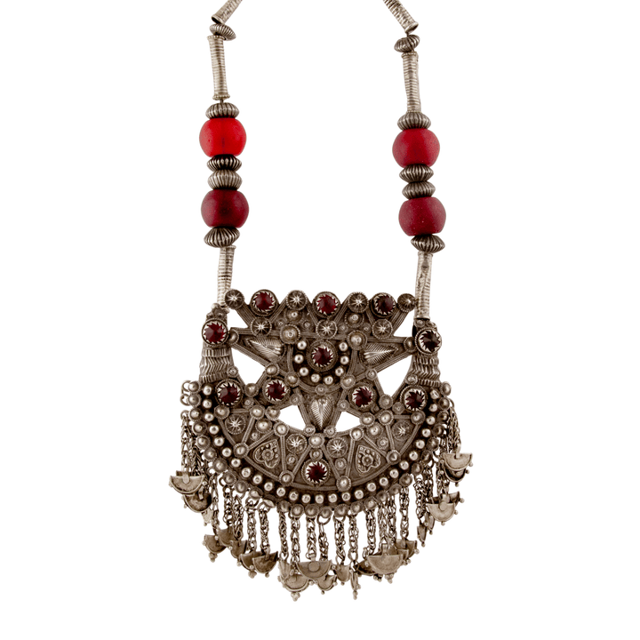 Silver x Large Traditional Antique Red Glass Kuchi Necklace - Kingdom Jewelry