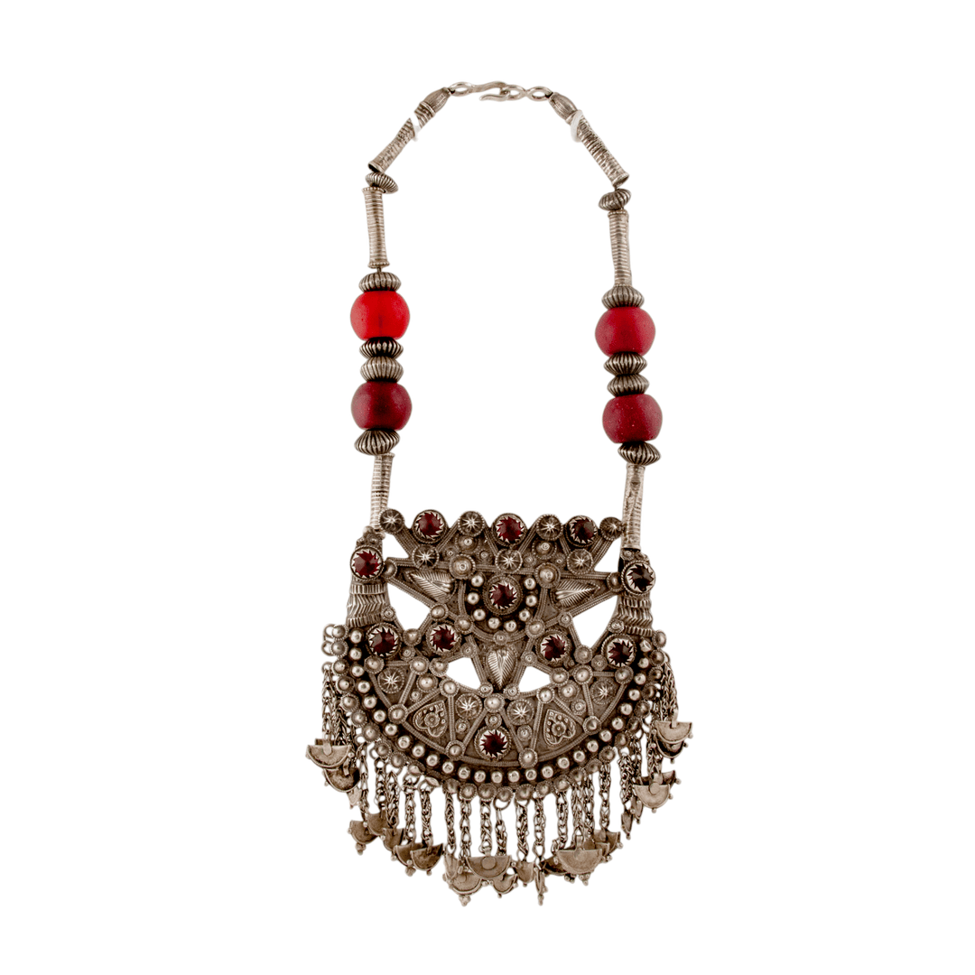Silver x Large Traditional Antique Red Glass Kuchi Necklace - Kingdom Jewelry