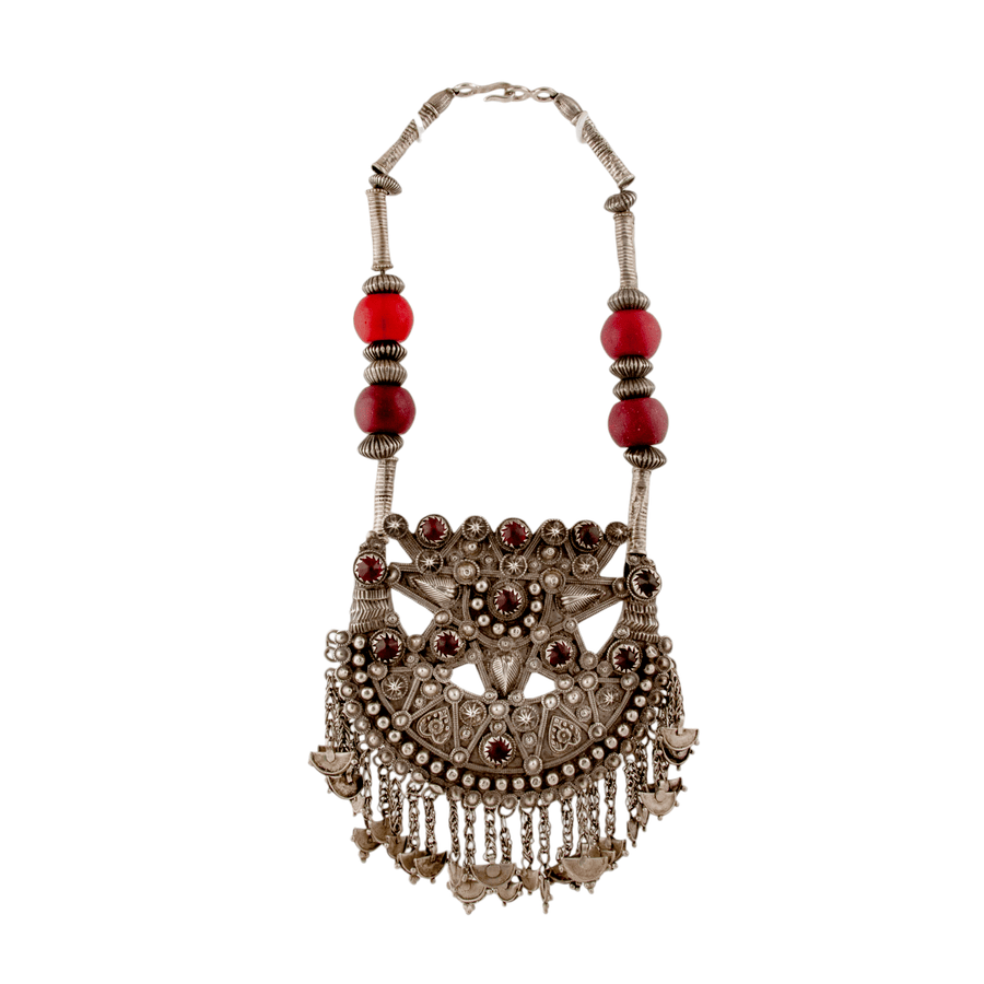 Silver x Large Traditional Antique Red Glass Kuchi Necklace - Kingdom Jewelry