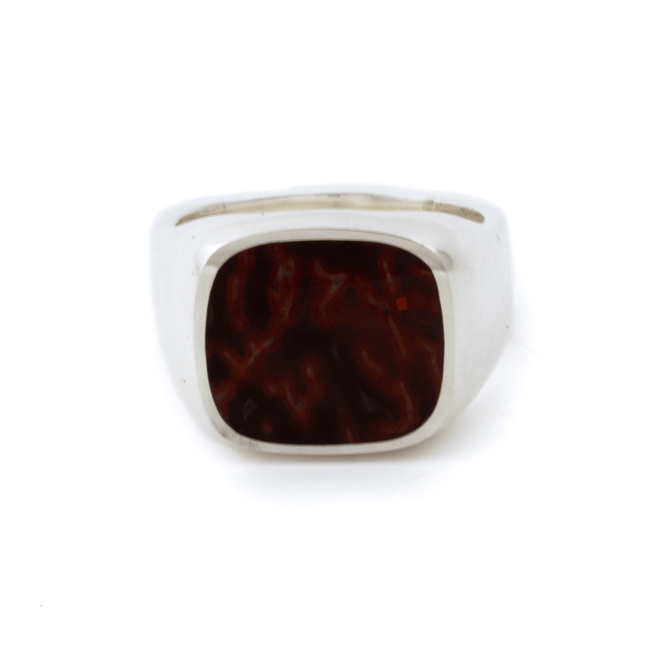 Silver x Natural Fossilized Dinosaur Bone Euro - Square Inlay Signet - Kingdom Jewelry