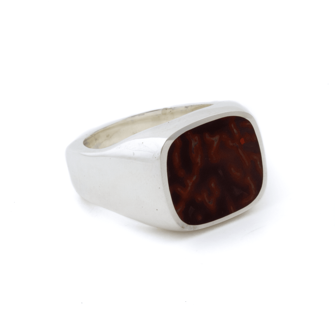 Silver x Natural Fossilized Dinosaur Bone Euro - Square Inlay Signet - Kingdom Jewelry
