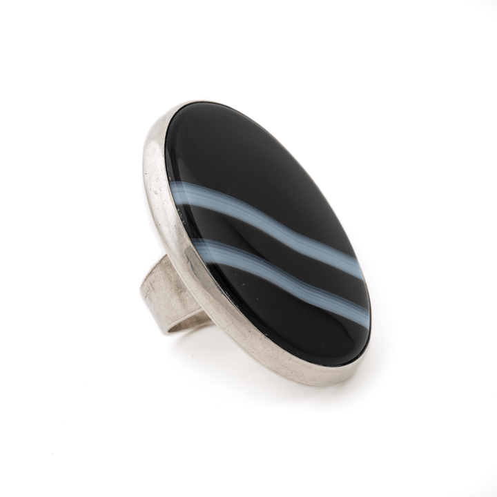 Silver x Oval Banded Black Agate Southwest Ring - Kingdom Jewelry
